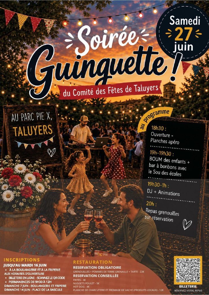 Affiche de l'événement L du Co fa mité des Fêtes de Taluyers { Ms da S + à br s % Ouverture - Planches apéro